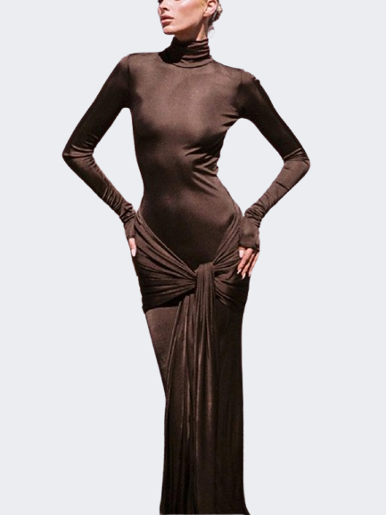 Woman Clothing Turtleneck Low Waist Bandage Bodycon Holiday Dress Streetwear Autumn Winter Solid Slim Party Club Long Dresses