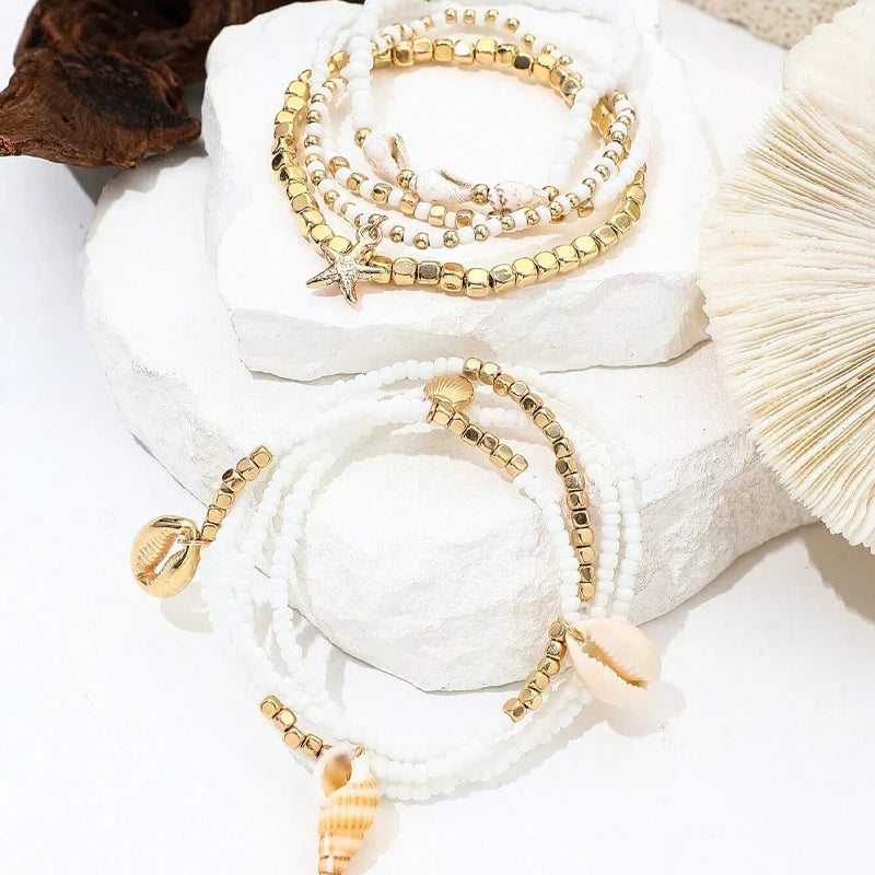 8pcs Bohemian Starfish Braided Anklet Set for Women Summer Beach Shell Cowrie Bead Foot Jewelry Vacation Daily Wear Outfits Gift