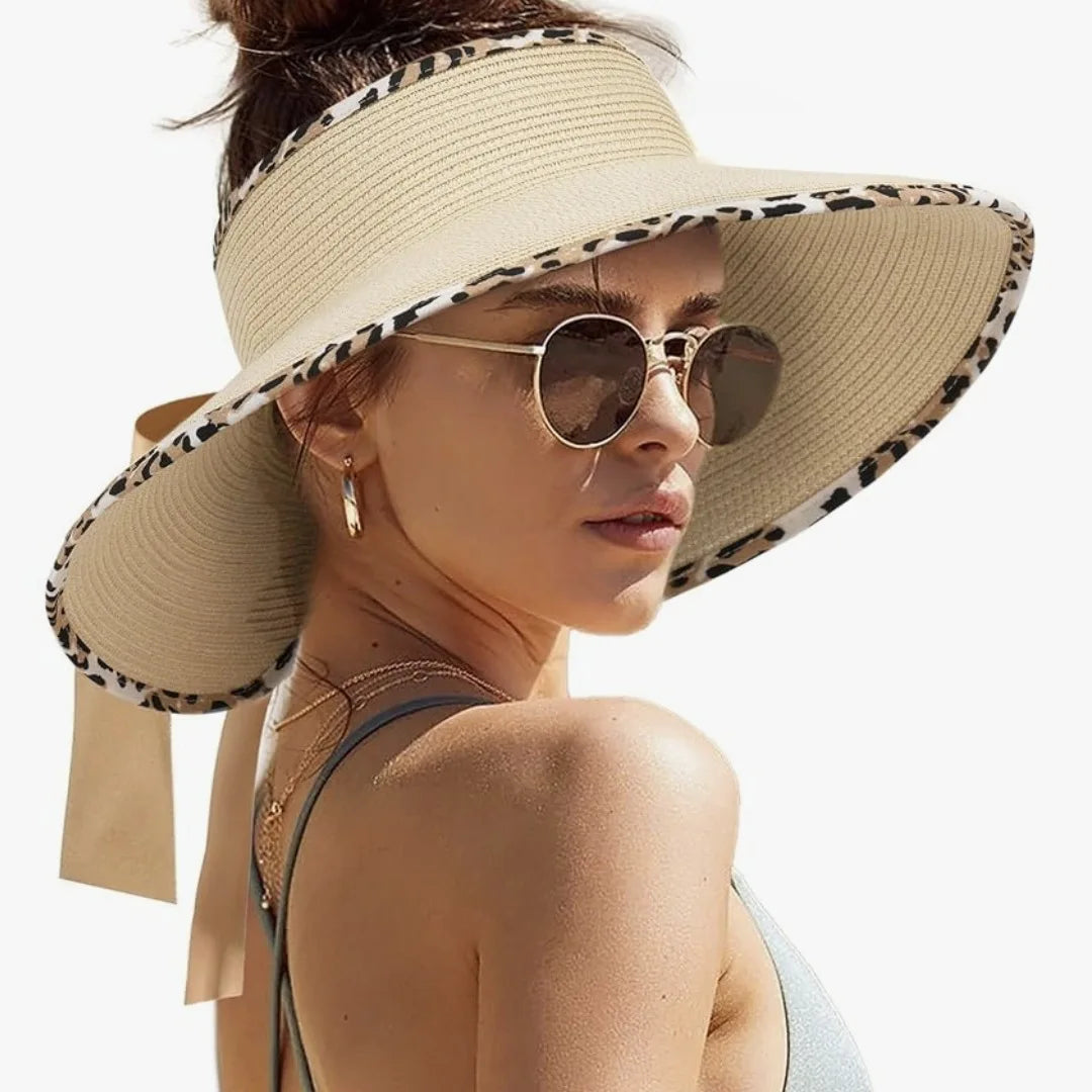 Summer Women Hollow Top Wide Brim Straw Visor Sun Hat With Back Bow Knot, UV Protection Ponytail Hat, Foldable Lightweight Beach