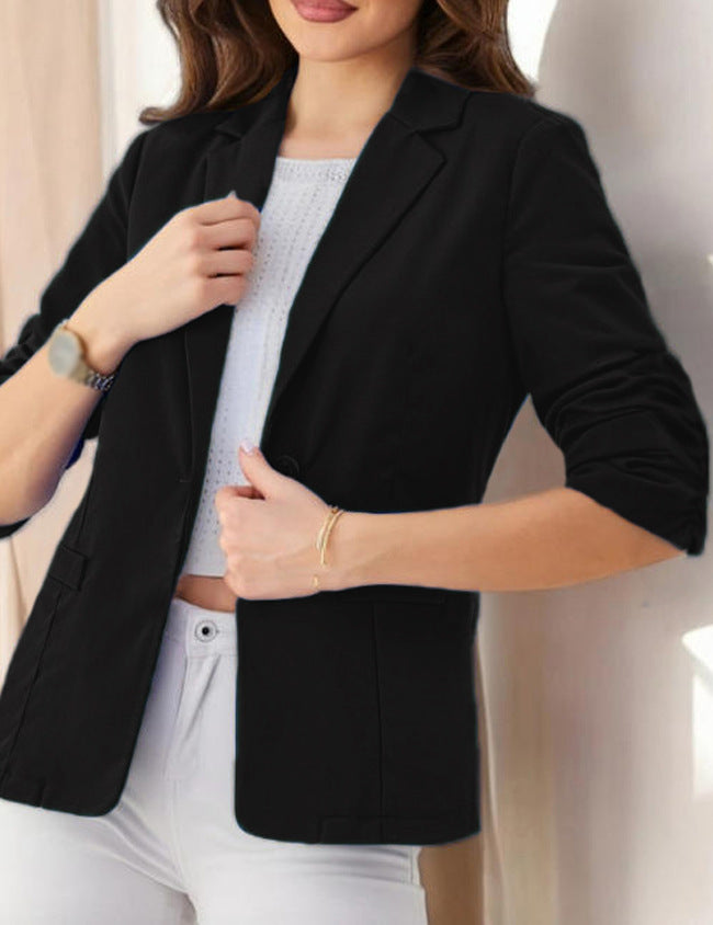Three-quarter-sleeve Pleated Slim-fit Womens Office Blazer
