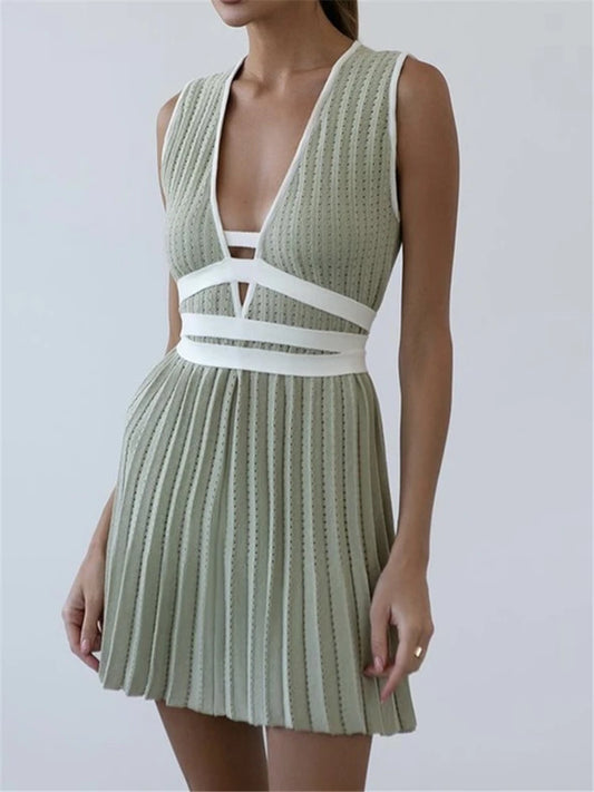 Summer Deep V-Neck Knitted Women's Dresses High Waist Lace Up Casual Sleeveless Solid Sexy Mini Dresses Female Ladies
