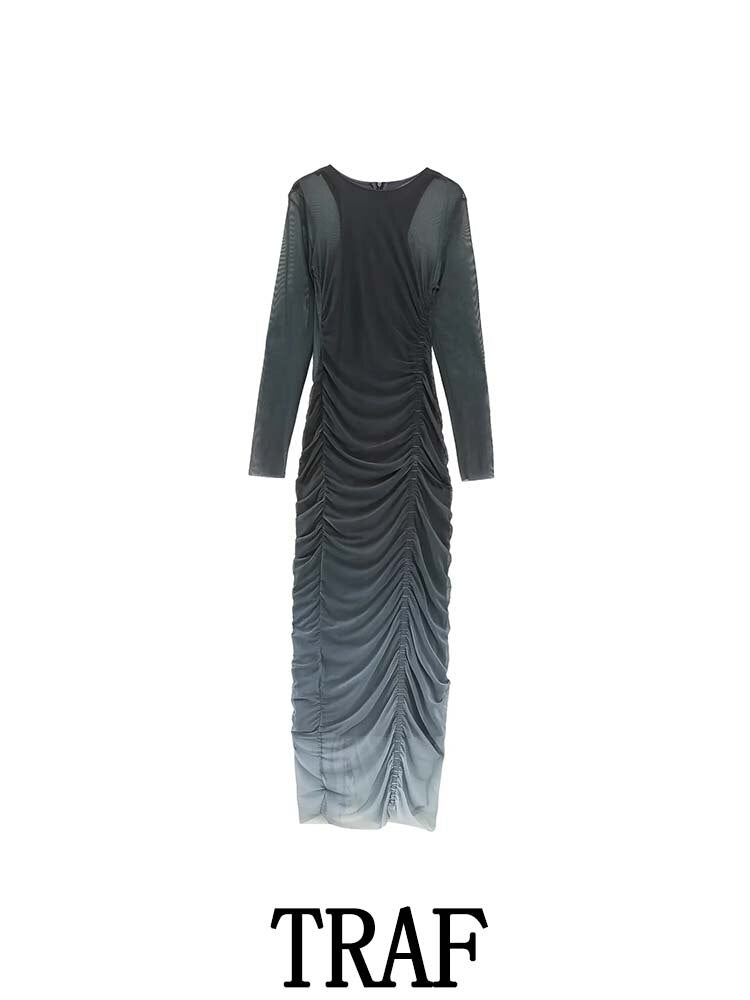 TRAF 2023 Woman Printed Silk Screen Midi Long Dress Fashion Long Sleeve O-Neck Vintage Pleated Autumn Causal Slim Dresses
