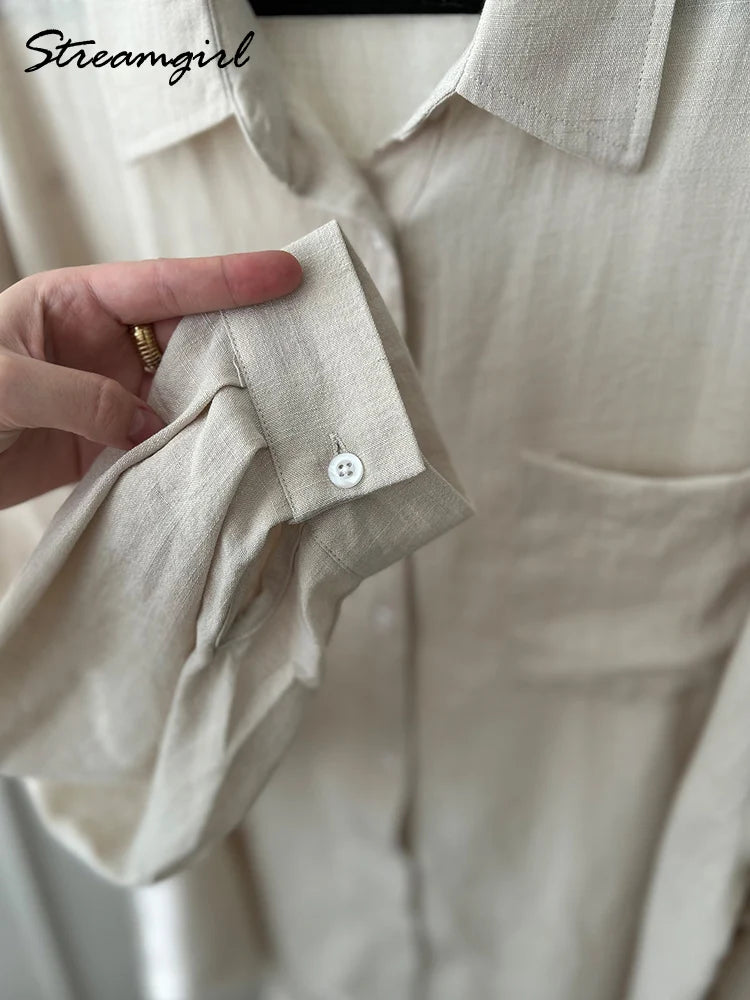 Summer Blue Linen Shirts For Women Oversized Long Sleeve Tops Green Shirt Woman Work Basic Linen Tops Women White Shirts Ladies