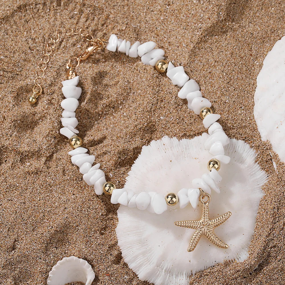 Bohemian Beaded Starfish Shell Anklets for Women Fashion Summer Beach Vacation-style Faux Pearl Woven Stackable Anklets Jewelry