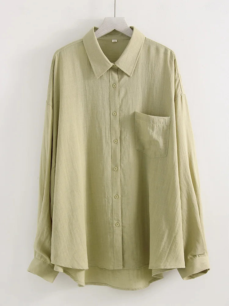 Summer Blue Linen Shirts For Women Oversized Long Sleeve Tops Green Shirt Woman Work Basic Linen Tops Women White Shirts Ladies