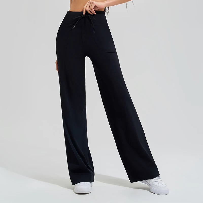 Women's High Waist Yoga Pants Gym Loose Running Yoga Pants Double Side Brushed with Pockets Pants Ties