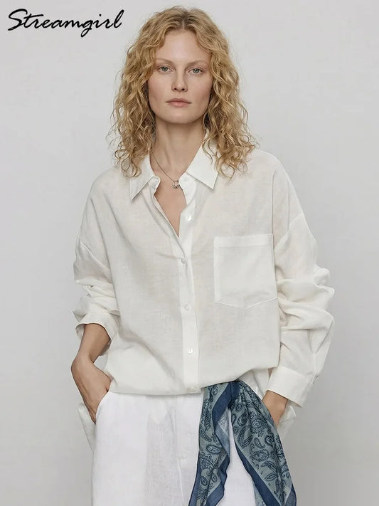 Summer Blue Linen Shirts For Women Oversized Long Sleeve Tops Green Shirt Woman Work Basic Linen Tops Women White Shirts Ladies