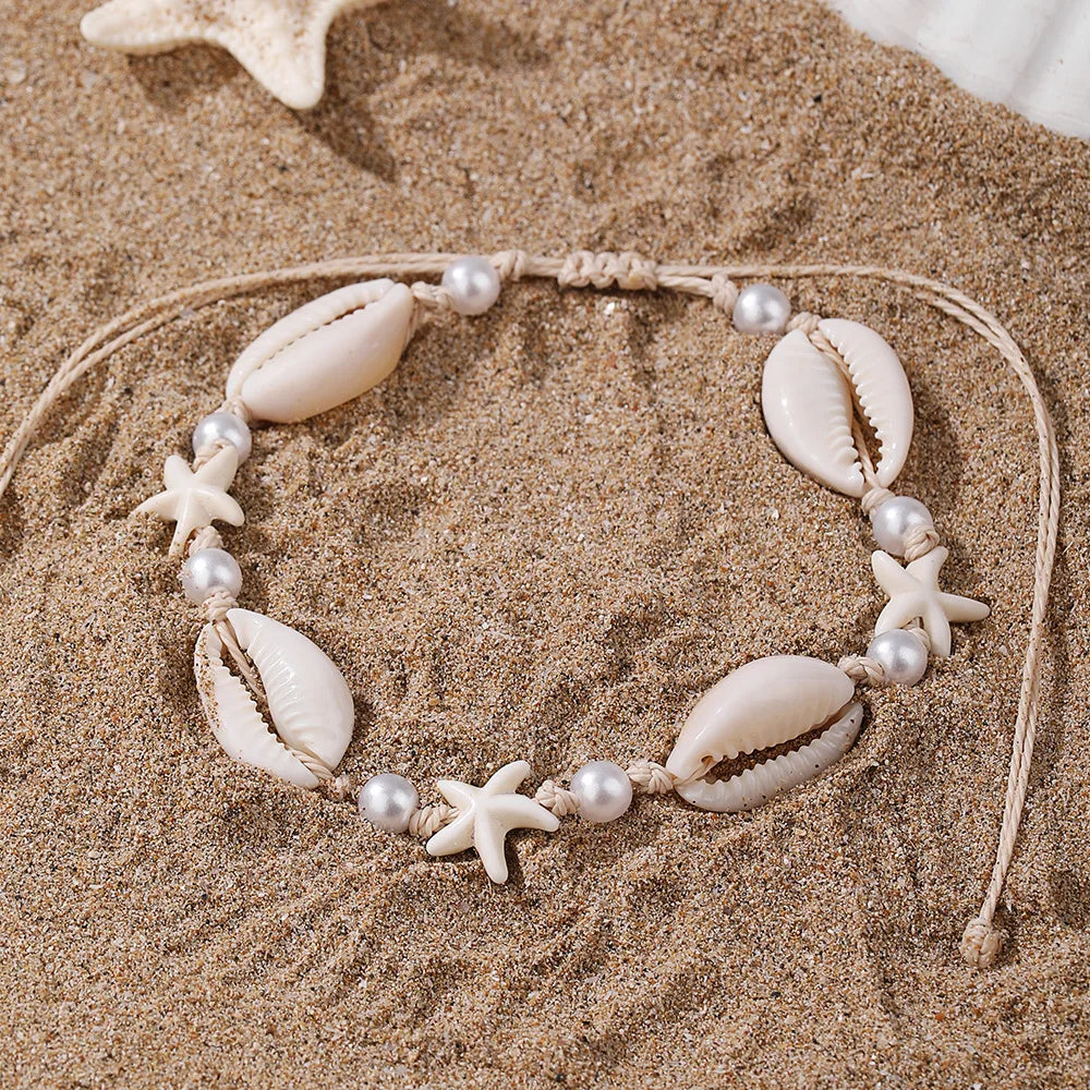 Bohemian Beaded Starfish Shell Anklets for Women Fashion Summer Beach Vacation-style Faux Pearl Woven Stackable Anklets Jewelry
