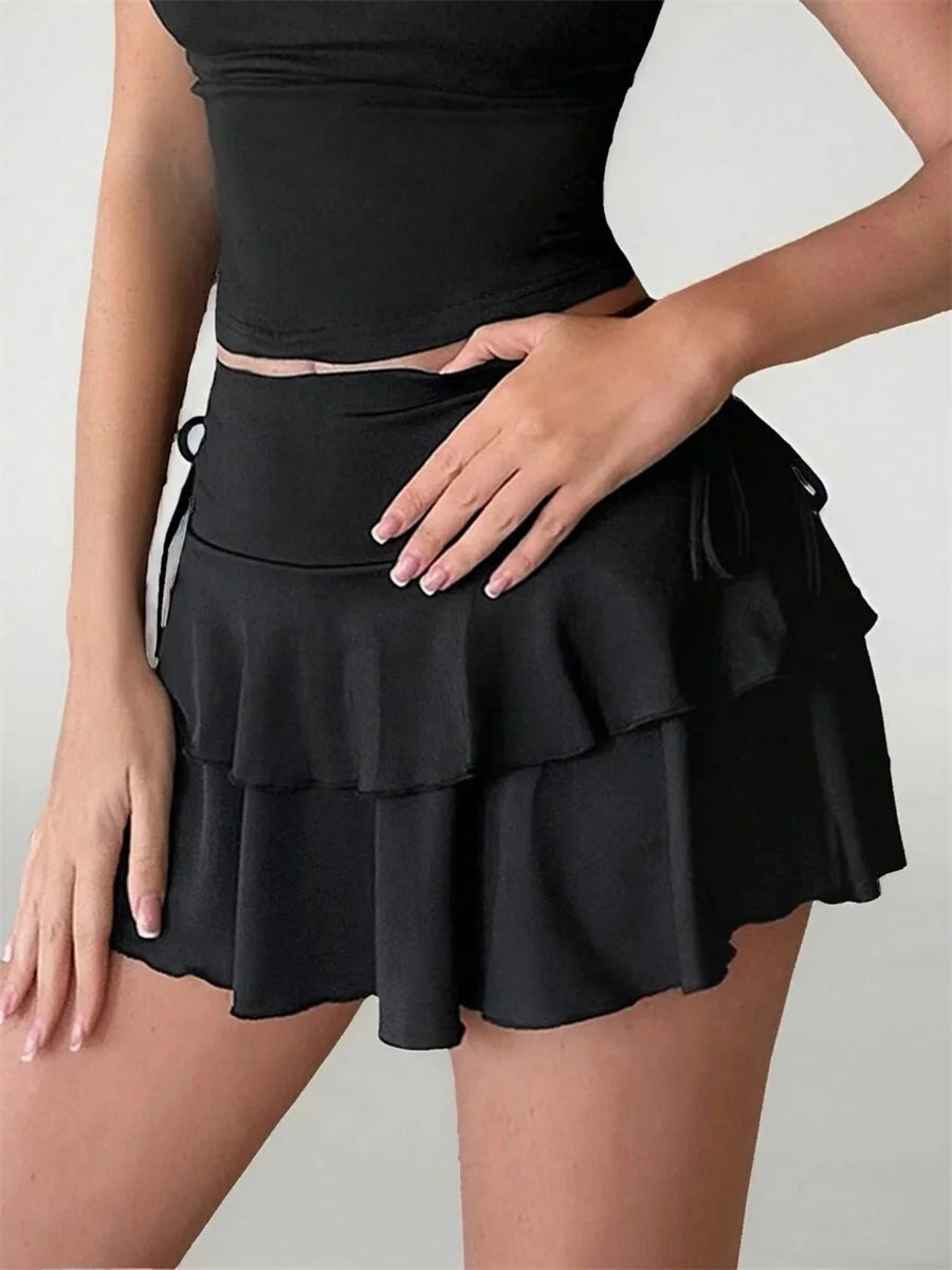 Women's Mini Skirt Low Waist Solid Color Ruffle Hem Skirt Role Play Schoolgirl Costume Sexy Hot Summer Elastic Waist Short Skirt