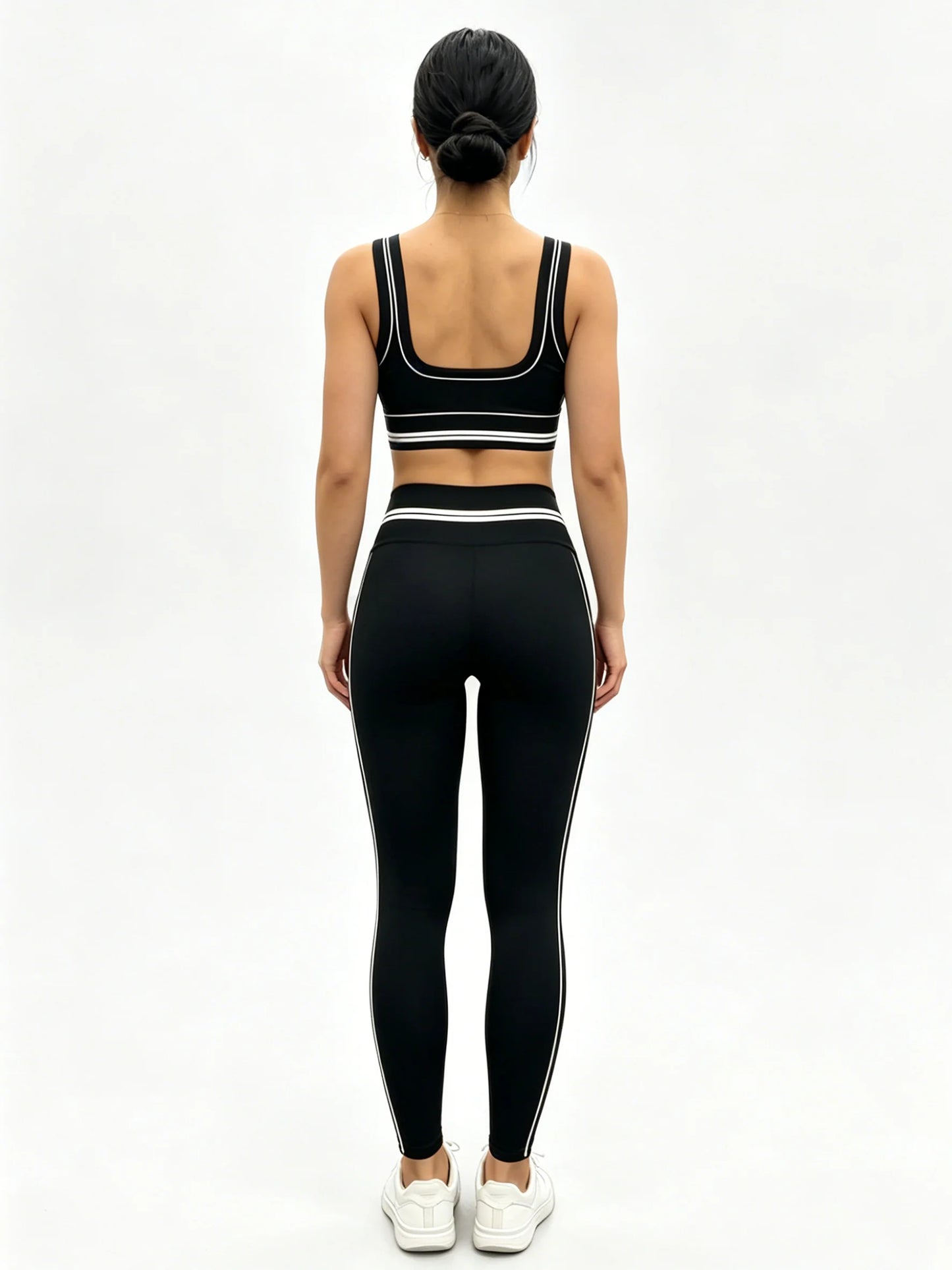 Women's 2Pcs Gym Set Black White Trim Sports Bra + High Waist Leggings Fitness Workout Yoga Tracksuit