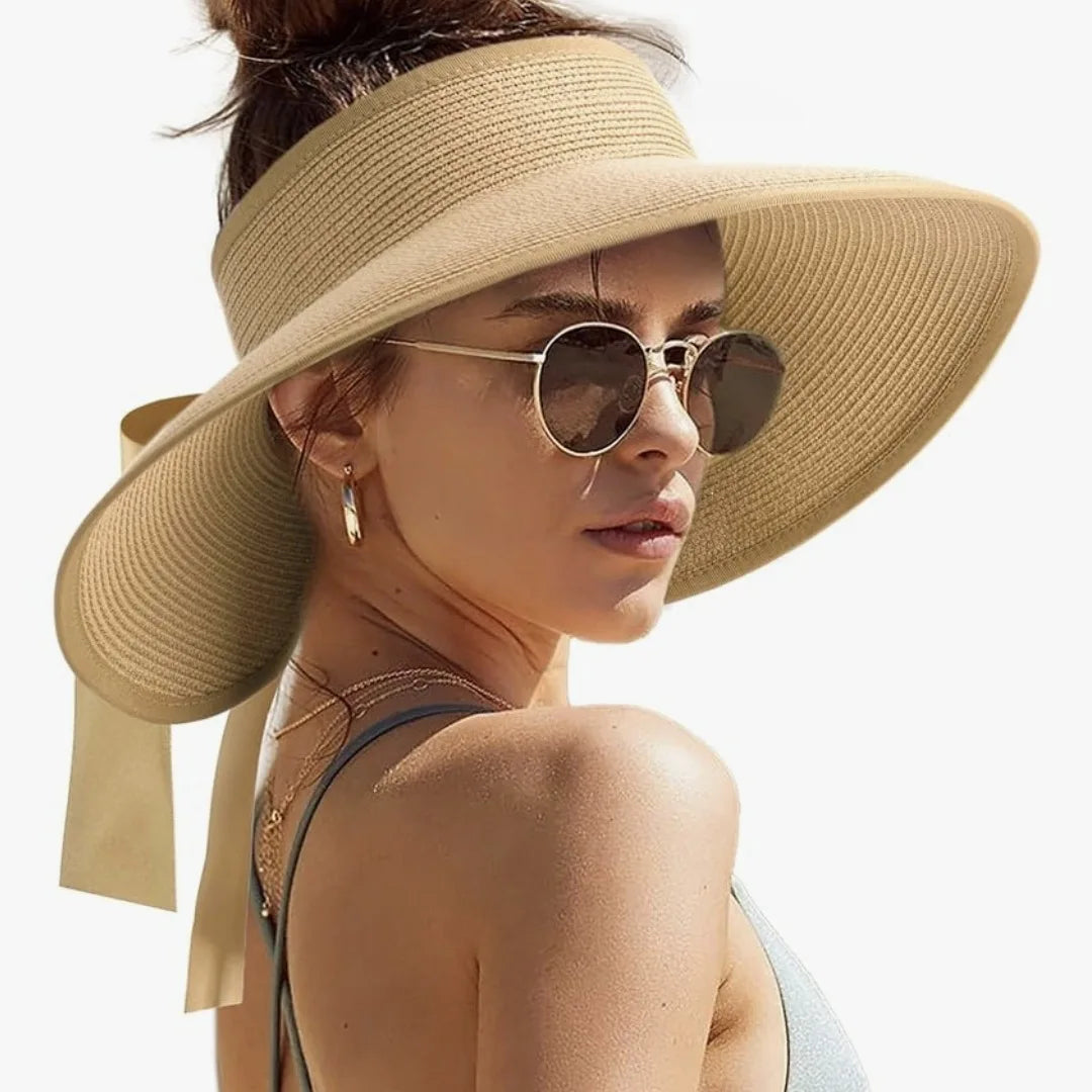 Summer Women Hollow Top Wide Brim Straw Visor Sun Hat With Back Bow Knot, UV Protection Ponytail Hat, Foldable Lightweight Beach