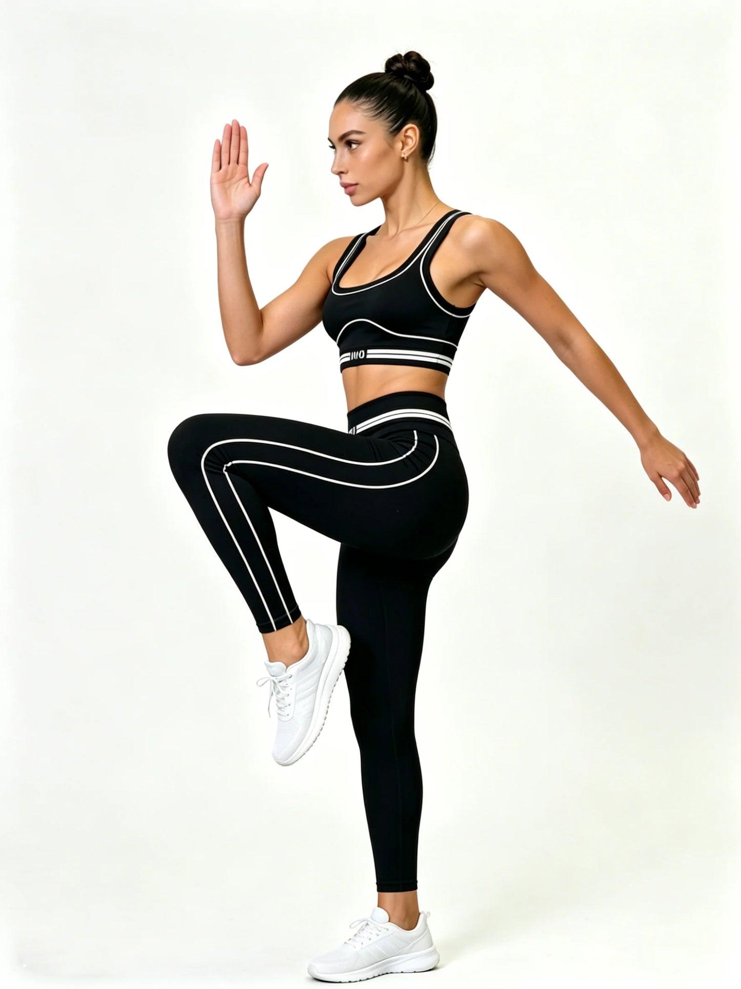 Women's 2Pcs Gym Set Black White Trim Sports Bra + High Waist Leggings Fitness Workout Yoga Tracksuit