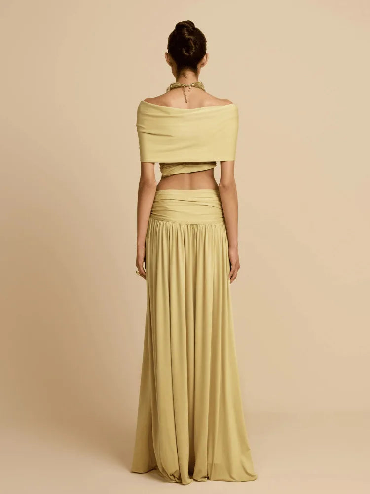 Women's Elegant 2 Piece Outfit | High Waist Draped Long Skirt & Off Shoulder Sleeveless Crop Top for Party Daily