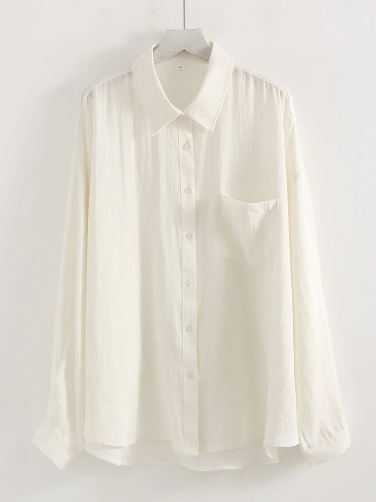 Summer Blue Linen Shirts For Women Oversized Long Sleeve Tops Green Shirt Woman Work Basic Linen Tops Women White Shirts Ladies