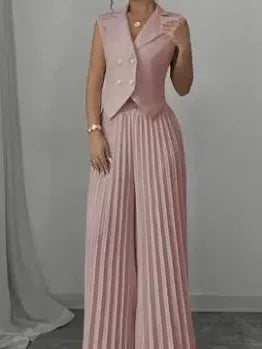 Women's White 2 Piece Outfit Double Breasted Vest and Pleated Wide Leg Pants Set Elegant Office Lady Business Casual Summer Suit