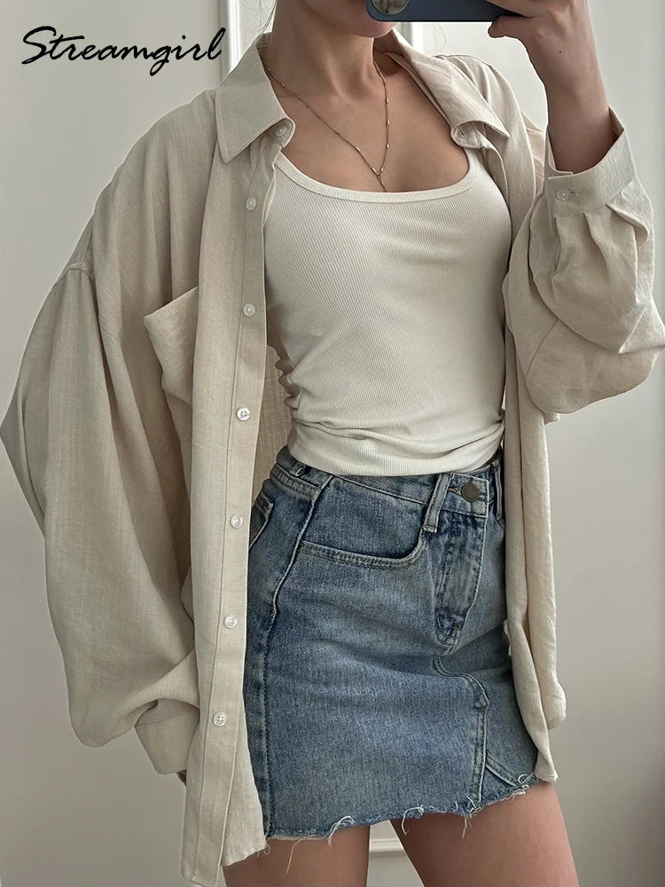 Summer Blue Linen Shirts For Women Oversized Long Sleeve Tops Green Shirt Woman Work Basic Linen Tops Women White Shirts Ladies