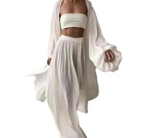 Women 3 Piece Sets Homewear Fashion Casual Lantern Sleeve Cardigan Tops+Wide Leg Pants Suits Lady Spring Soft Three Piece Outfit