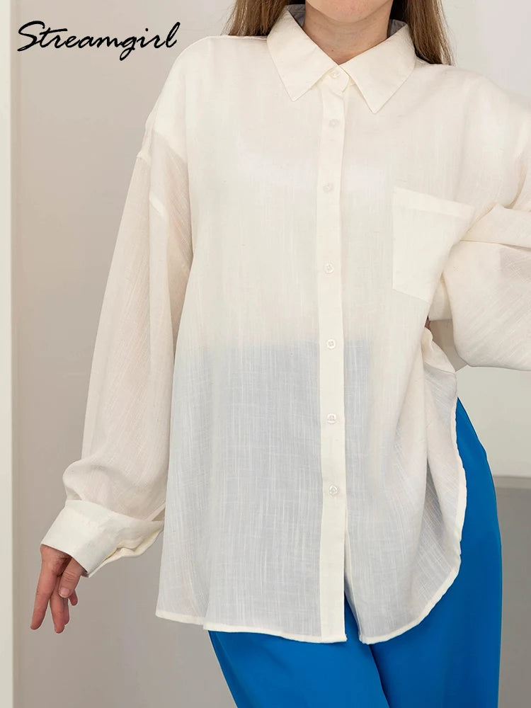 Summer Blue Linen Shirts For Women Oversized Long Sleeve Tops Green Shirt Woman Work Basic Linen Tops Women White Shirts Ladies