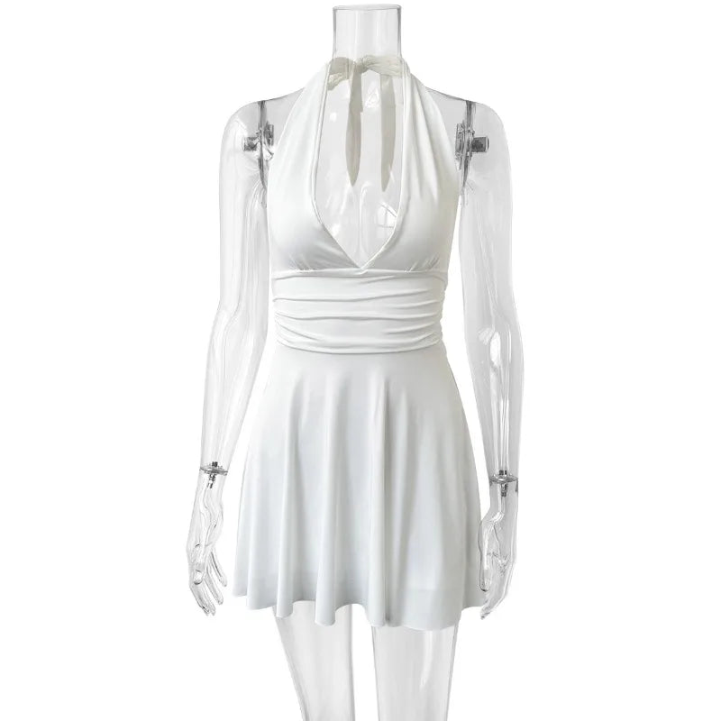 Summer Dress for Women European and American New Fashionable Strap V-neck Short Skirt Sexy Backless Pleated Dress