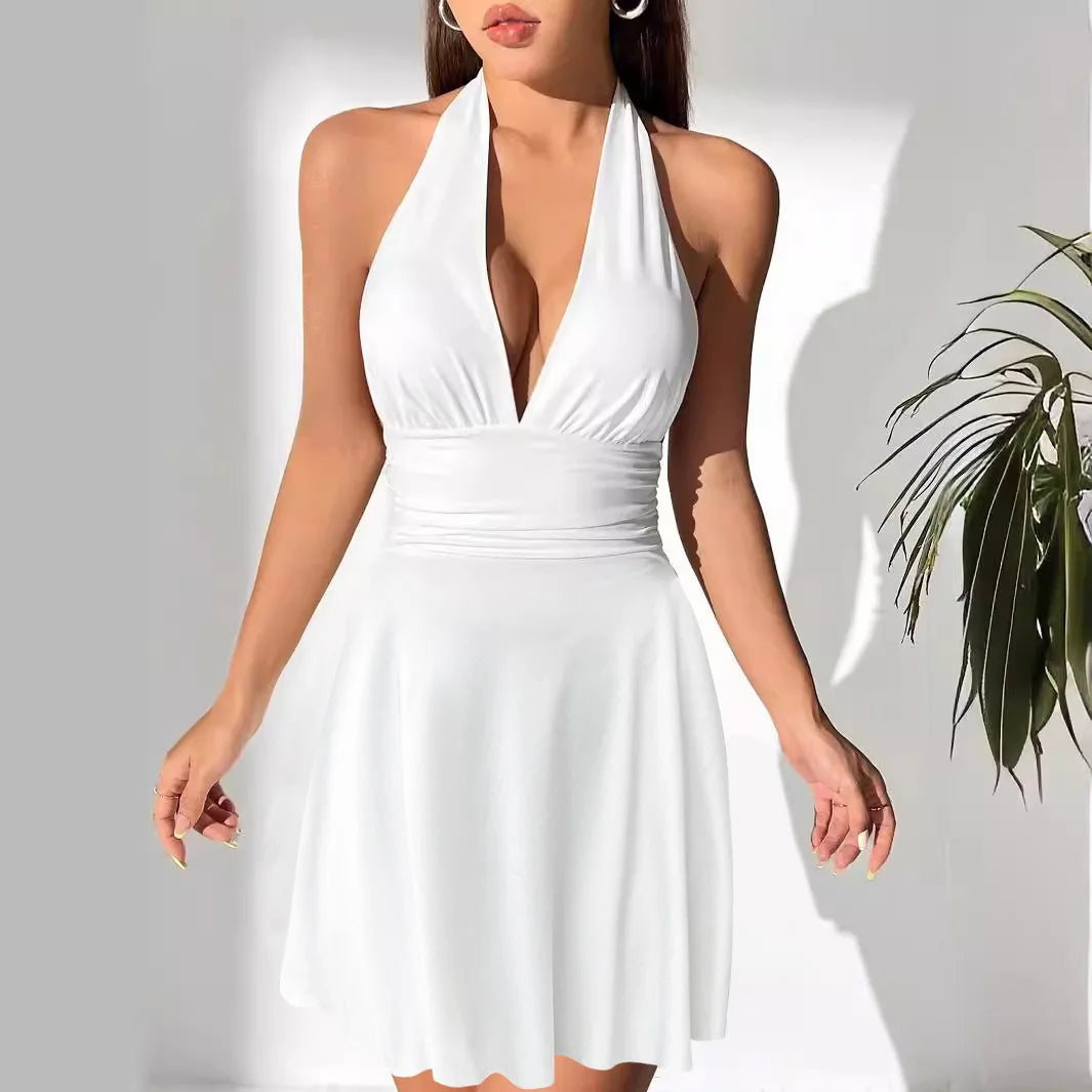 Summer Dress for Women European and American New Fashionable Strap V-neck Short Skirt Sexy Backless Pleated Dress
