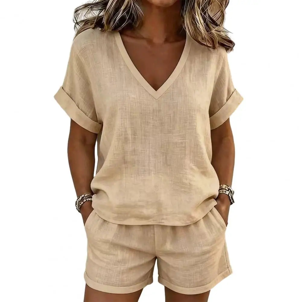 Summer 2 Piece Sets for Women, Short Sleeve V Neck Top And Shorts Lounge Outfits, Casual Vacation Matching Set with Pockets