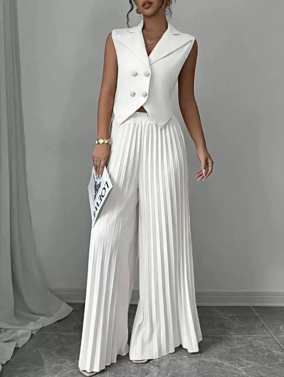 Women's White 2 Piece Outfit Double Breasted Vest and Pleated Wide Leg Pants Set Elegant Office Lady Business Casual Summer Suit