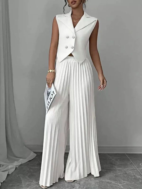 Women's White 2 Piece Outfit Double Breasted Vest and Pleated Wide Leg Pants Set Elegant Office Lady Business Casual Summer Suit