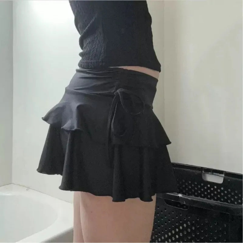 Women's Mini Skirt Low Waist Solid Color Ruffle Hem Skirt Role Play Schoolgirl Costume Sexy Hot Summer Elastic Waist Short Skirt