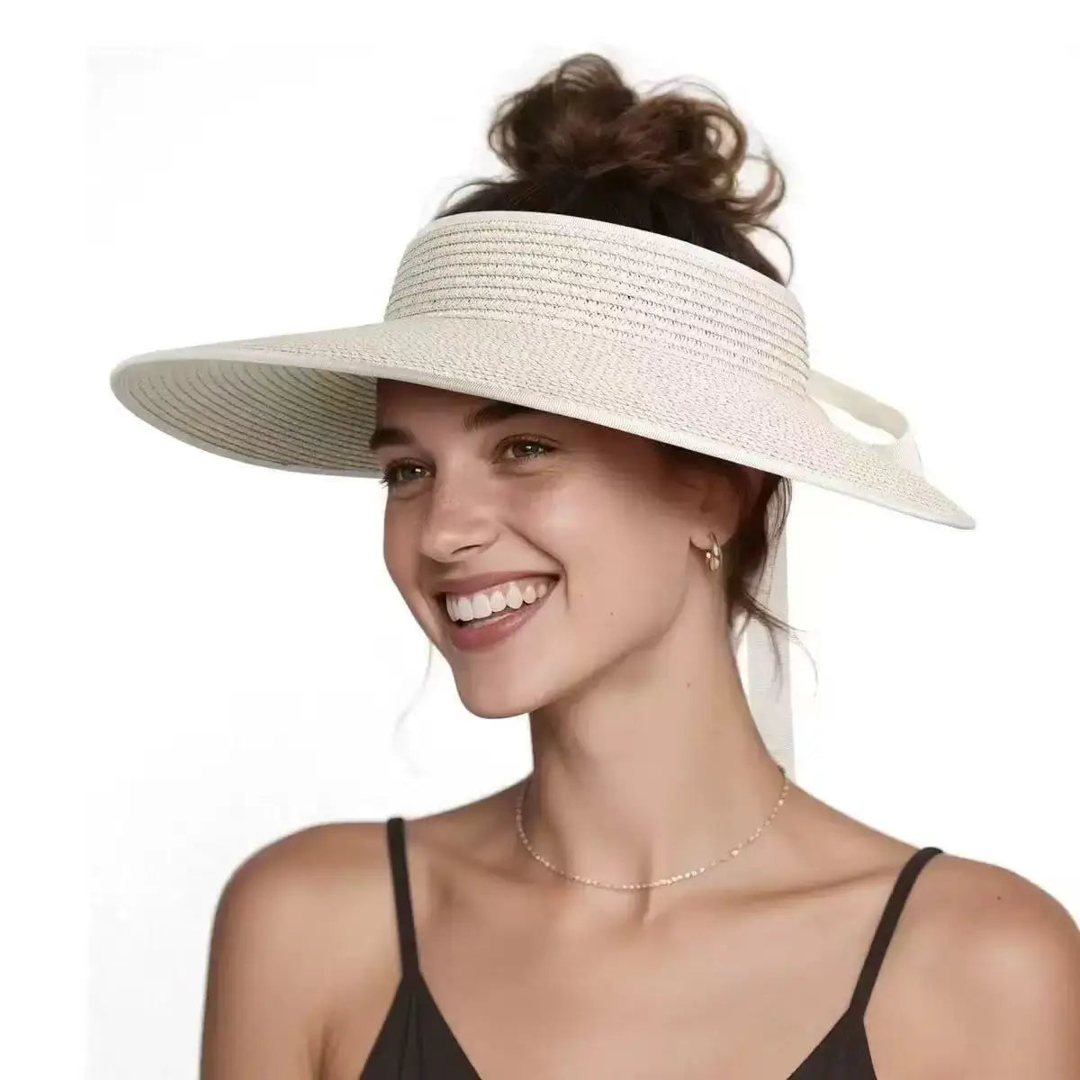 Summer Women Hollow Top Wide Brim Straw Visor Sun Hat With Back Bow Knot, UV Protection Ponytail Hat, Foldable Lightweight Beach