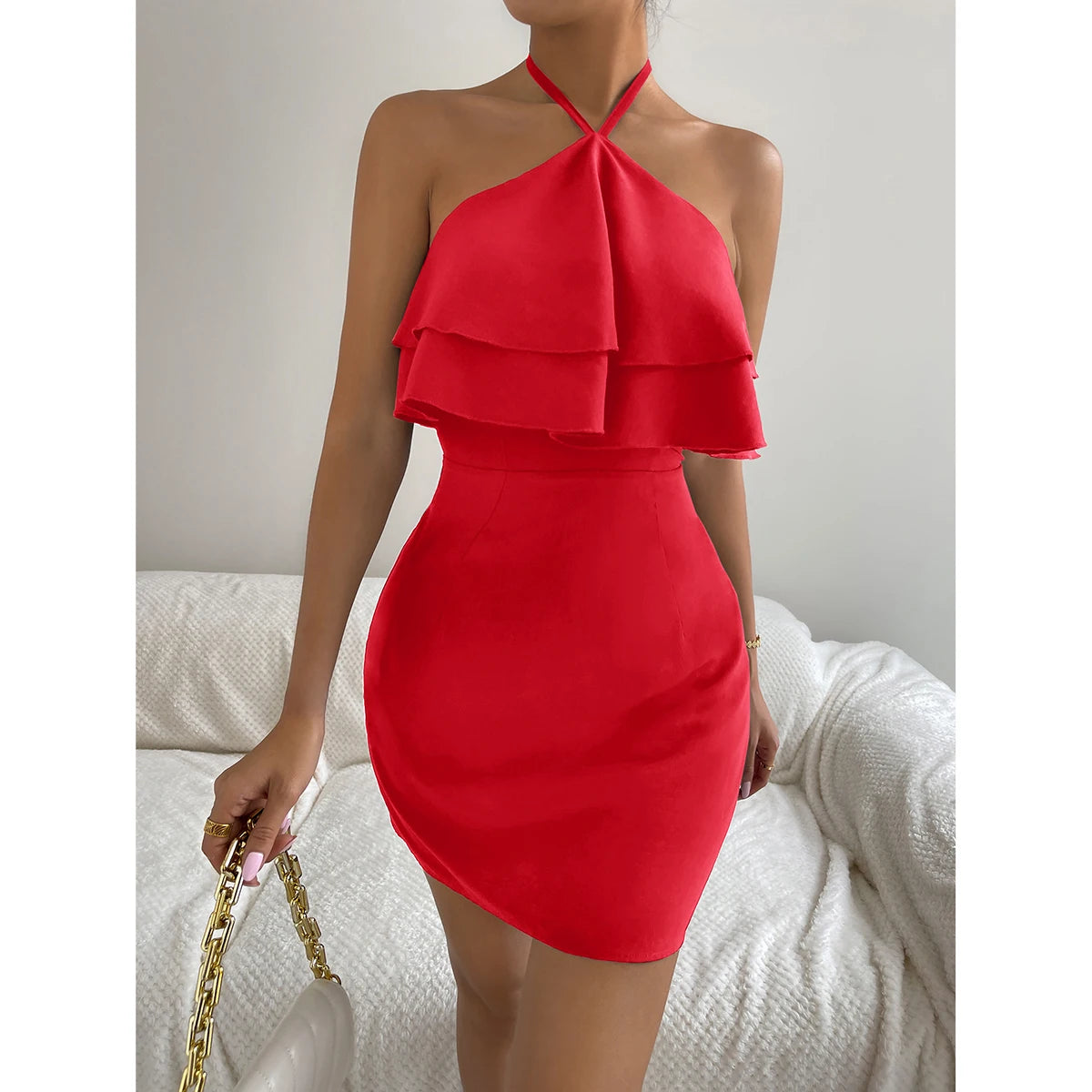 Summer Women's Hanging Neck Exposed Backpack Hip Skirt Fashionable Sexy Ruffled Edge Dress