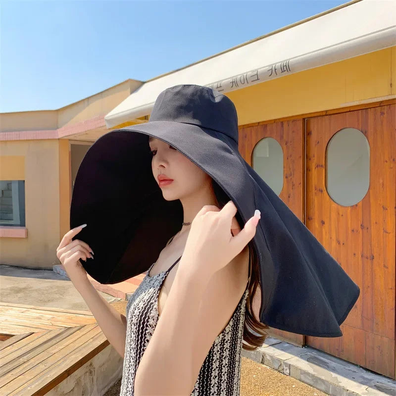 Summer Hats for Women Outdoor UV Anti Neck Protection Sun Visors for Lady Fishing Hiking Wide Brim Shawl Sunscreen Ponytail Cap