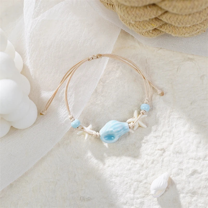 Bohemian Shell Starfish Woven Bracelet for Women Summer Beach Vacation Handmade Adjustable Rope Bangle Wristband Jewelry Gift