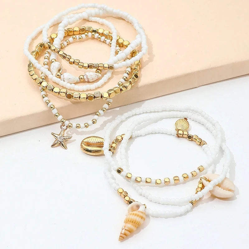 8pcs Bohemian Starfish Braided Anklet Set for Women Summer Beach Shell Cowrie Bead Foot Jewelry Vacation Daily Wear Outfits Gift