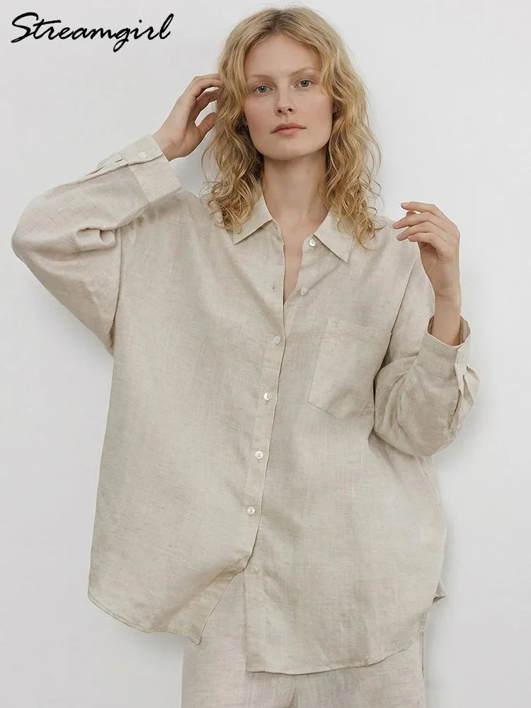 Summer Blue Linen Shirts For Women Oversized Long Sleeve Tops Green Shirt Woman Work Basic Linen Tops Women White Shirts Ladies