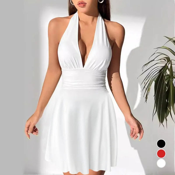 Summer Dress for Women European and American New Fashionable Strap V-neck Short Skirt Sexy Backless Pleated Dress