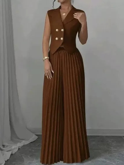 Women's White 2 Piece Outfit Double Breasted Vest and Pleated Wide Leg Pants Set Elegant Office Lady Business Casual Summer Suit
