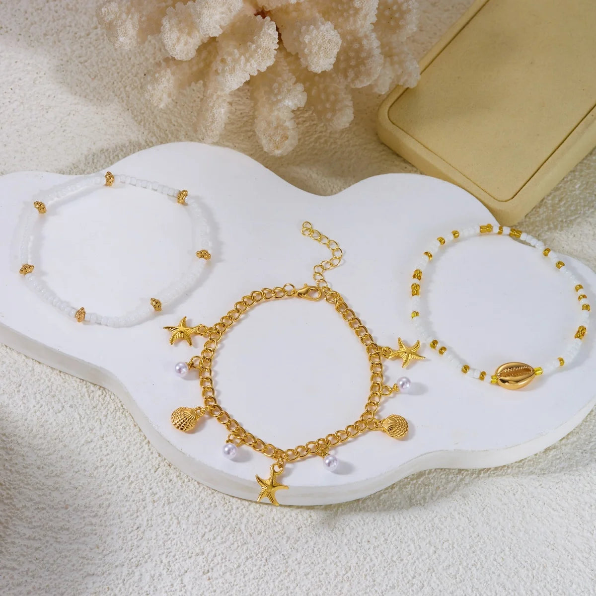Summer Beach Vacation Starfish Shell Rice Beaded Anklets For Women Men Bohemian Multilayer Sea Star Ankle Bracelet Foot Jewelry