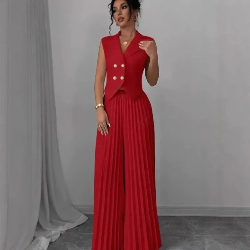 Women's White 2 Piece Outfit Double Breasted Vest and Pleated Wide Leg Pants Set Elegant Office Lady Business Casual Summer Suit