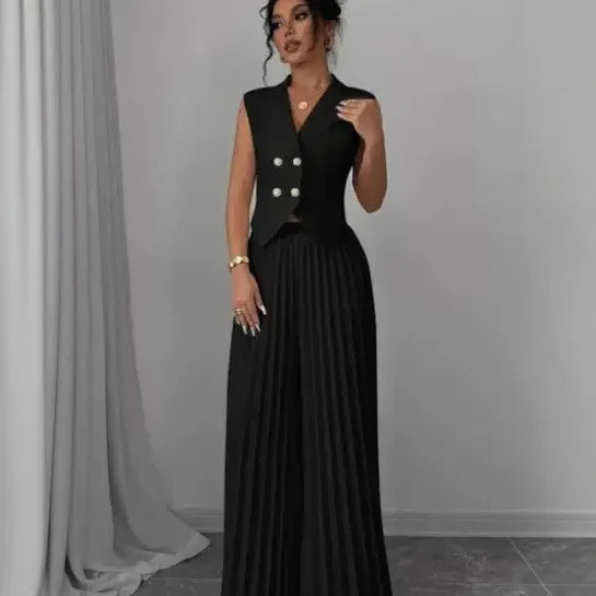 Women's White 2 Piece Outfit Double Breasted Vest and Pleated Wide Leg Pants Set Elegant Office Lady Business Casual Summer Suit