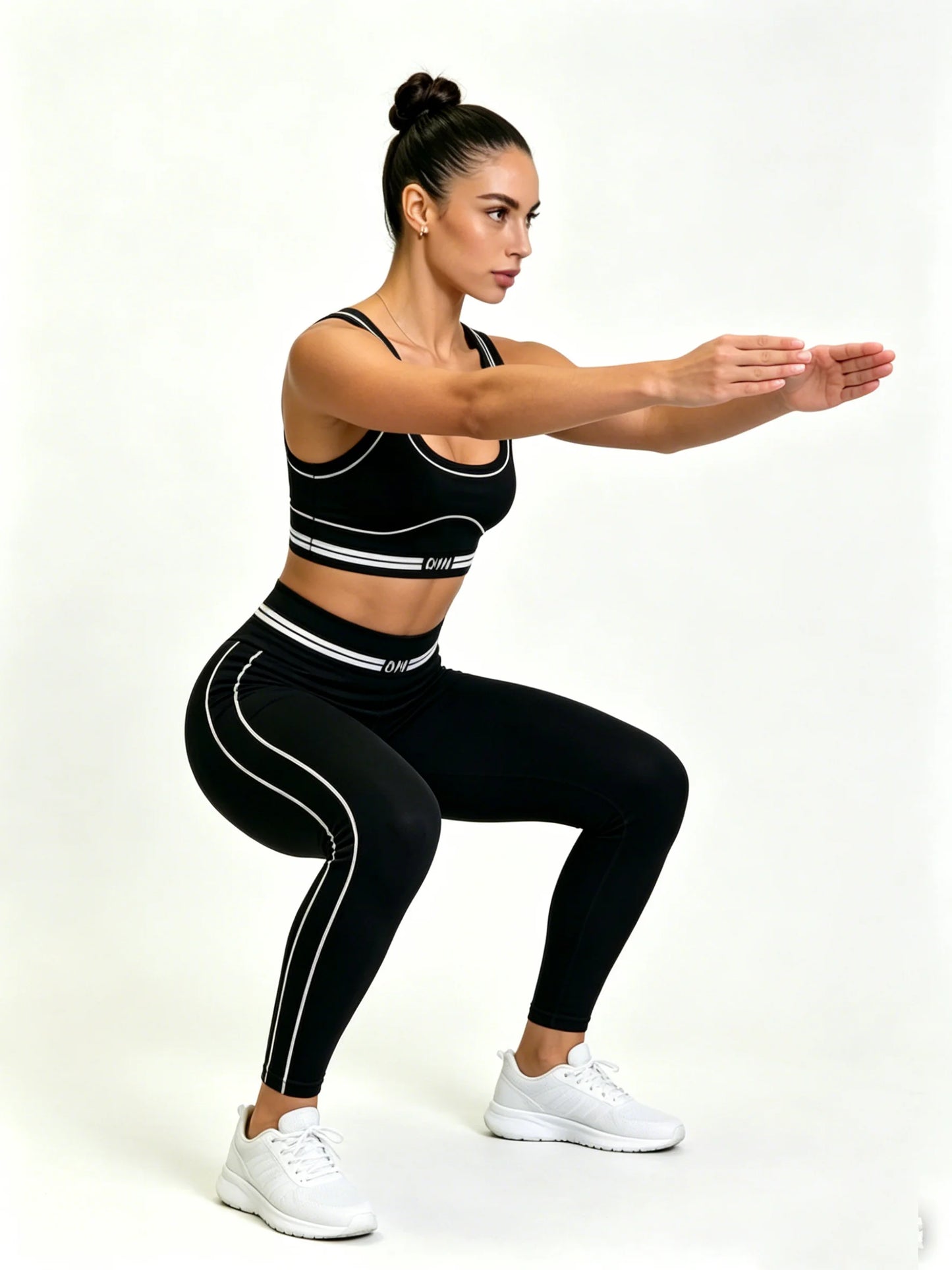 Women's 2Pcs Gym Set Black White Trim Sports Bra + High Waist Leggings Fitness Workout Yoga Tracksuit