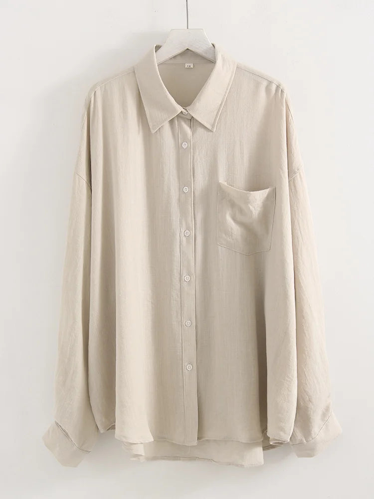 Summer Blue Linen Shirts For Women Oversized Long Sleeve Tops Green Shirt Woman Work Basic Linen Tops Women White Shirts Ladies