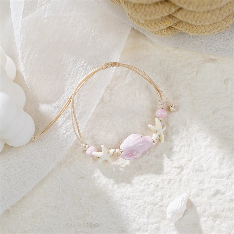 Bohemian Shell Starfish Woven Bracelet for Women Summer Beach Vacation Handmade Adjustable Rope Bangle Wristband Jewelry Gift