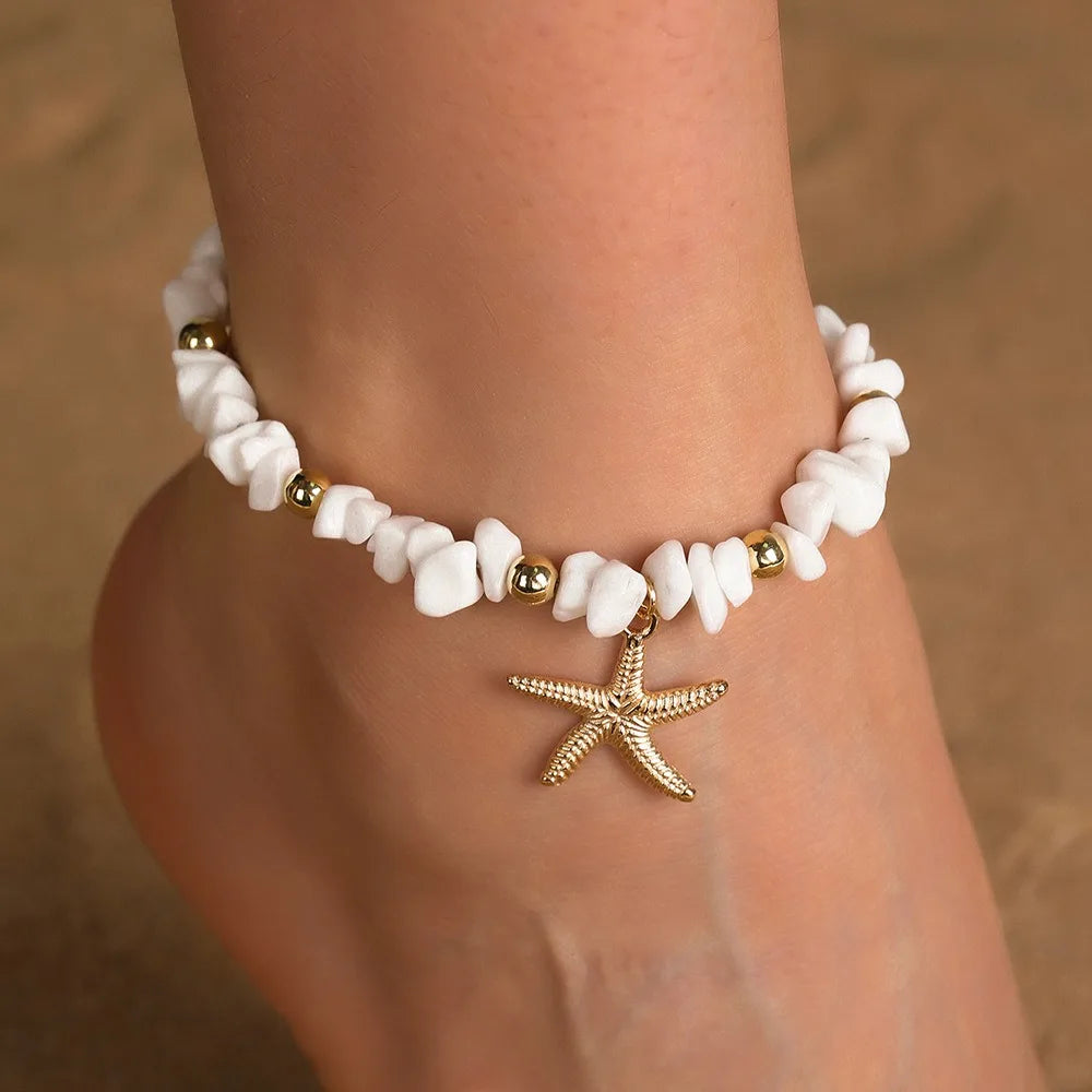 Bohemian Beaded Starfish Shell Anklets for Women Fashion Summer Beach Vacation-style Faux Pearl Woven Stackable Anklets Jewelry
