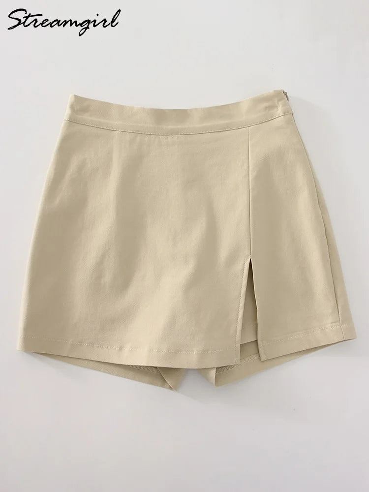 Summer Mini Divided Skirt For Women Elastic Skorts Black Office Lady Slit Skirts Short High Waist Women Mini Skirt Shorts Zipper