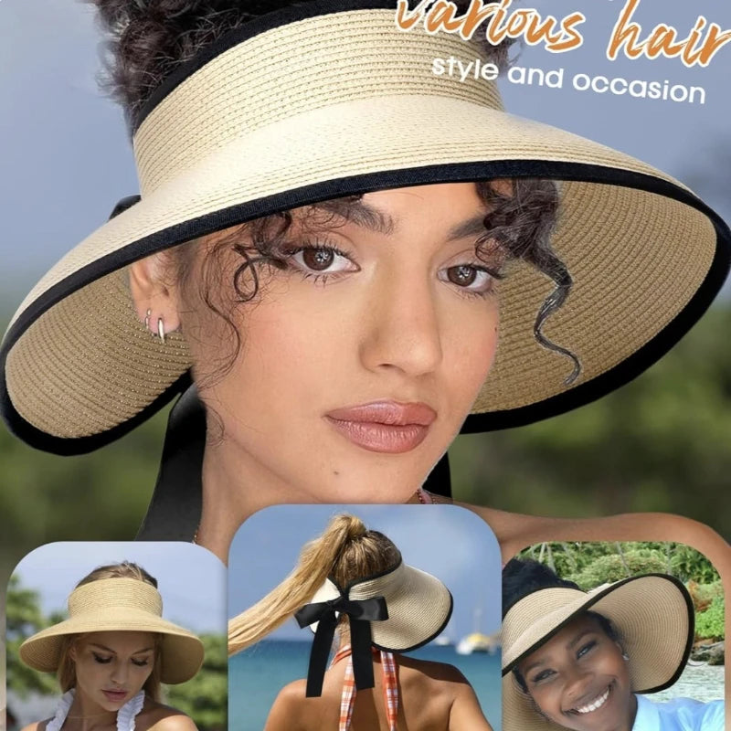 Summer Women Hollow Top Wide Brim Straw Visor Sun Hat With Back Bow Knot, UV Protection Ponytail Hat, Foldable Lightweight Beach