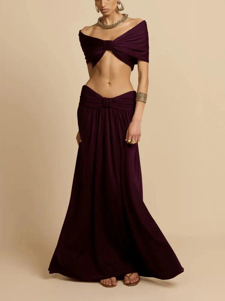 Women's Elegant 2 Piece Outfit | High Waist Draped Long Skirt & Off Shoulder Sleeveless Crop Top for Party Daily