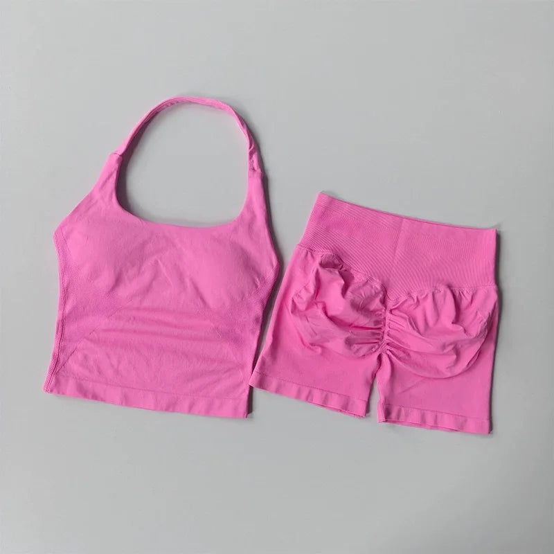 Yoga 2 Pieces Gym Set Women Backless Halter Tops High Waist Seamless Shorts Gym Suit Fitness Sports Bras Sportswear Workout Sets