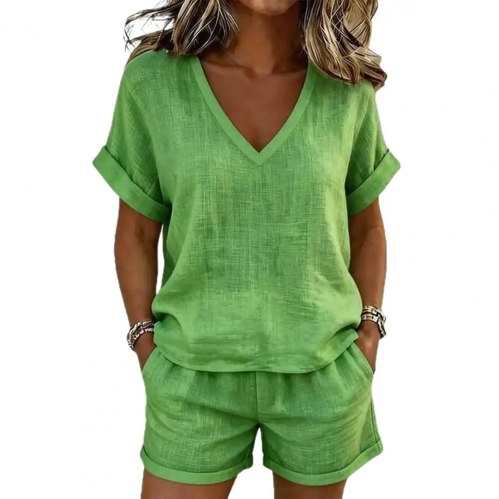 Summer 2 Piece Sets for Women, Short Sleeve V Neck Top And Shorts Lounge Outfits, Casual Vacation Matching Set with Pockets