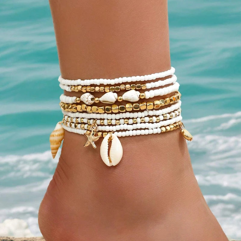 8pcs Bohemian Starfish Braided Anklet Set for Women Summer Beach Shell Cowrie Bead Foot Jewelry Vacation Daily Wear Outfits Gift
