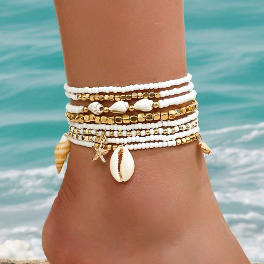 8pcs Bohemian Starfish Braided Anklet Set for Women Summer Beach Shell Cowrie Bead Foot Jewelry Vacation Daily Wear Outfits Gift